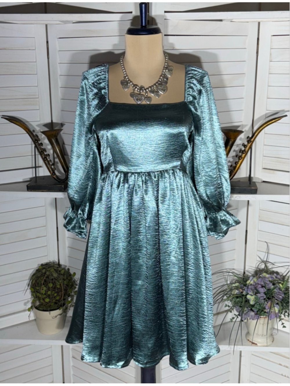 Entro Anthropologie teal satin babydoll mini dress ballooned sleeves Fairy hoco